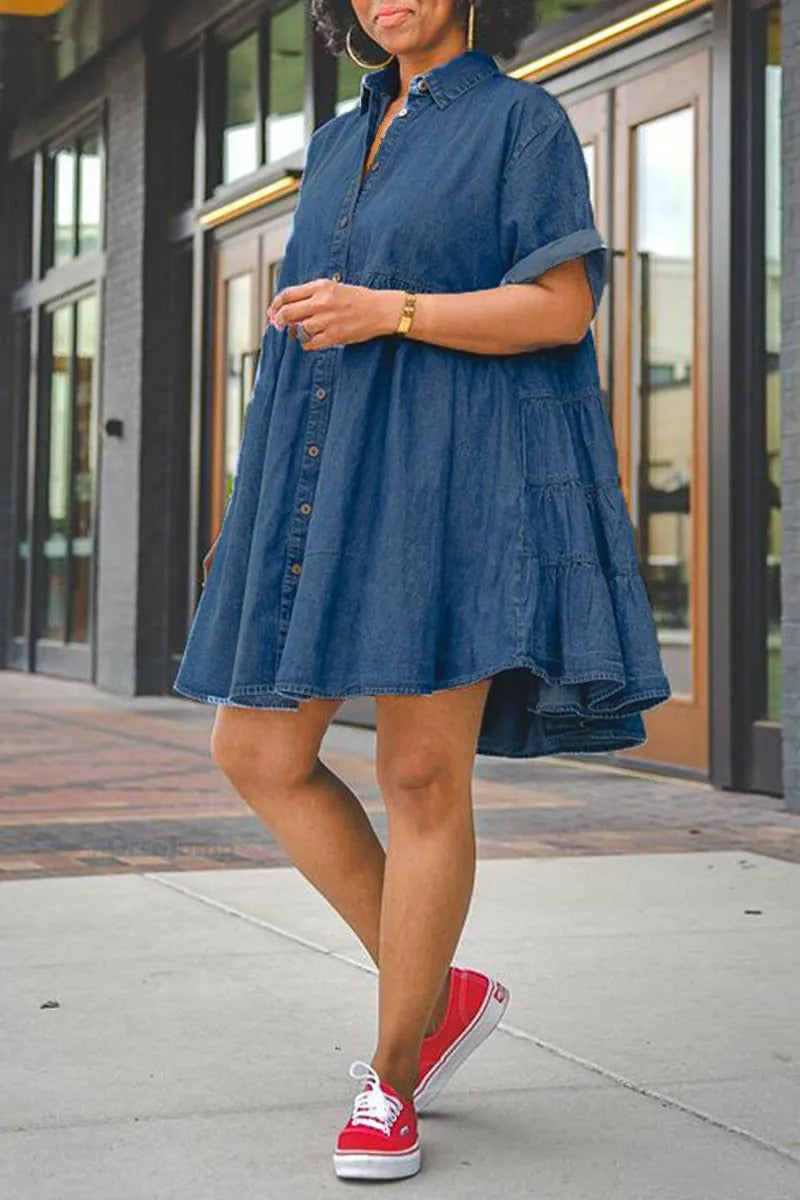 Casual Ruffle Hem Denim Mini Dress
