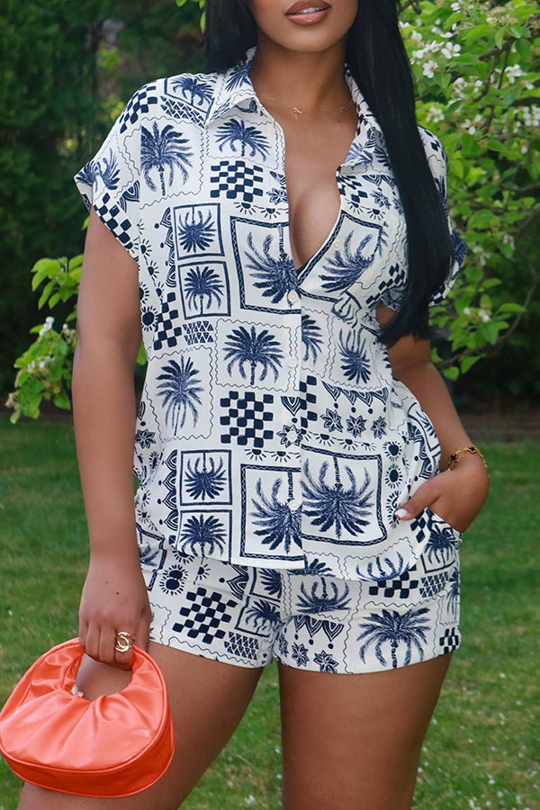Casual Tropical Print Short Sleeve Shirt & Shorts Set