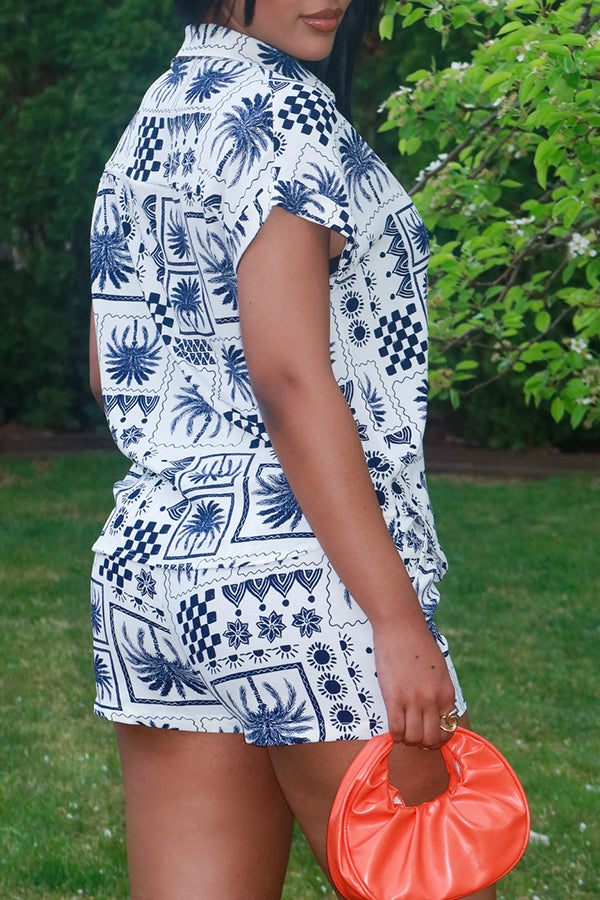 Casual Tropical Print Short Sleeve Shirt & Shorts Set