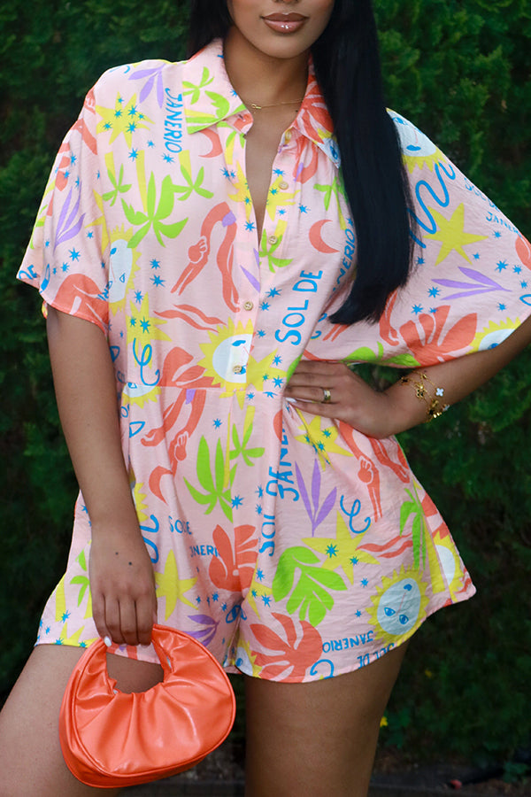 Casual Allover Print Shirt Collar Loose Romper