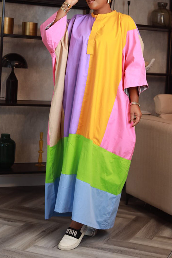 Casual Colorblock Batwing Sleeve Maxi Dress