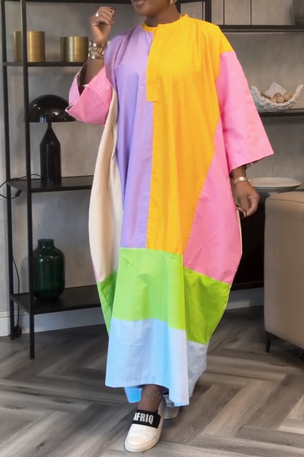 Casual Colorblock Batwing Sleeve Maxi Dress