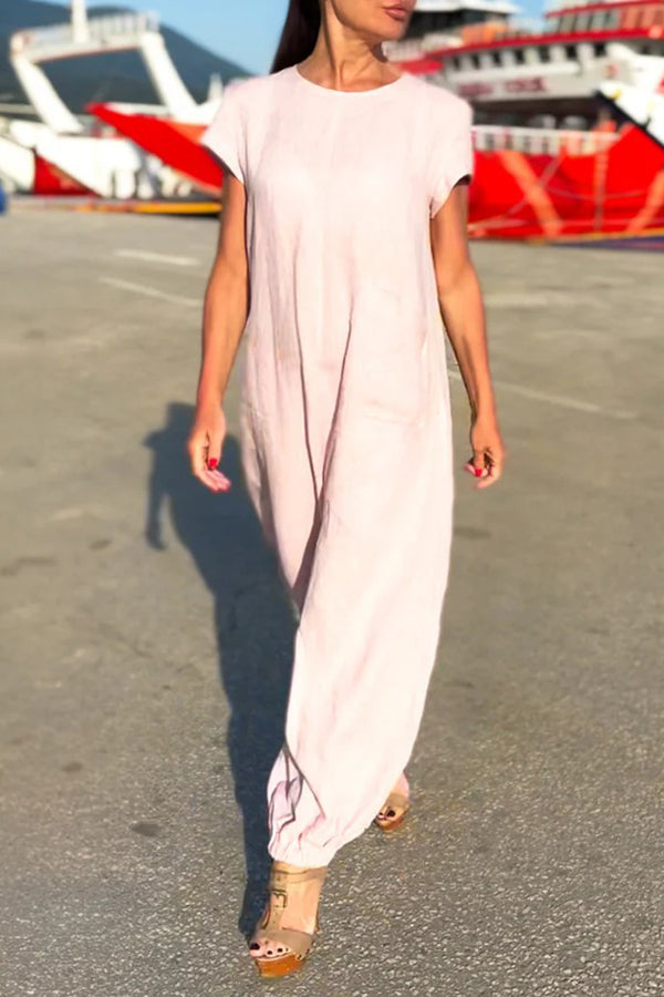 Cozy Round Neck Short Sleeve Loose Jumpsuit