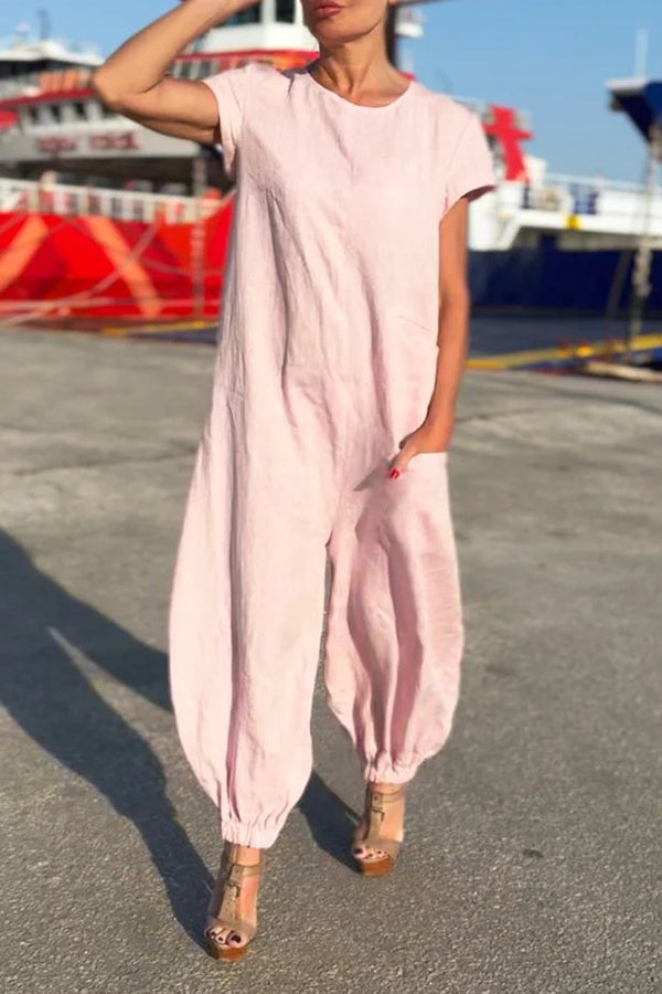 Cozy Round Neck Short Sleeve Loose Jumpsuit