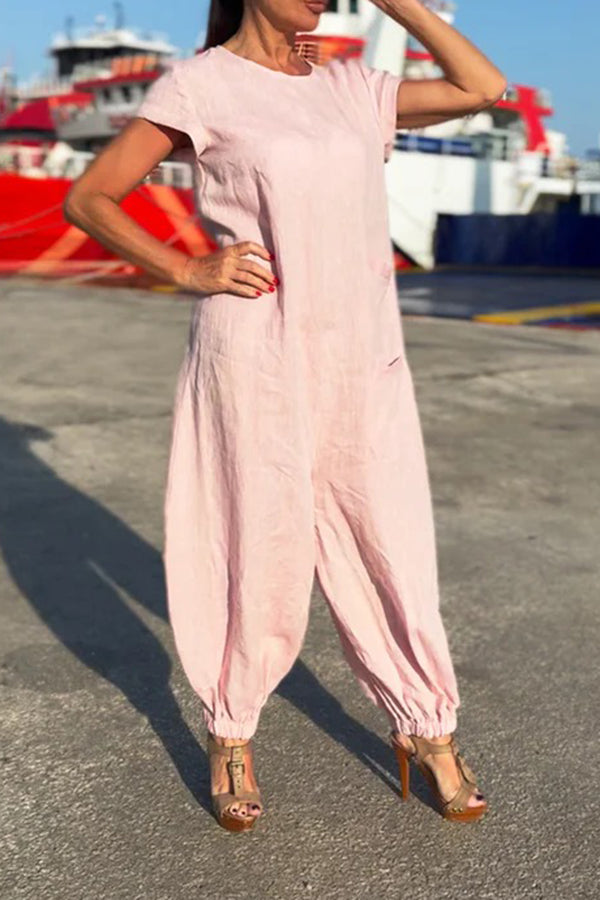 Cozy Round Neck Short Sleeve Loose Jumpsuit