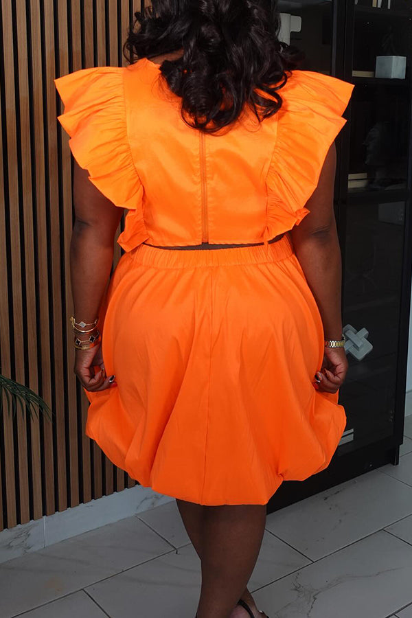 Elegant Flutter Sleeve Top & Balloon Hem Skirt Set