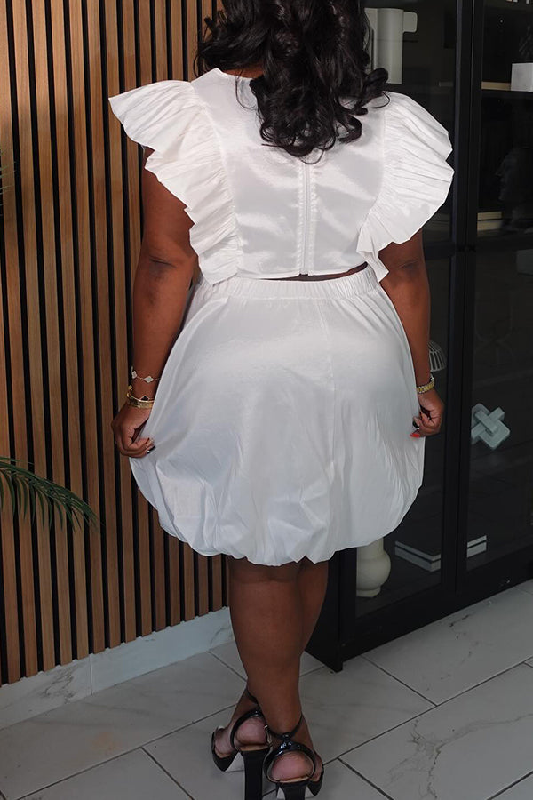 Elegant Flutter Sleeve Top & Balloon Hem Skirt Set
