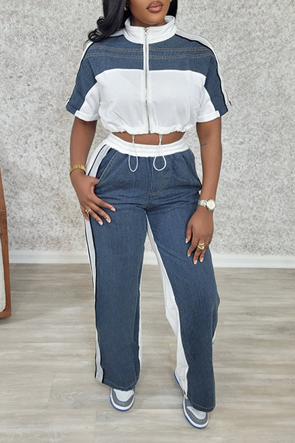 Casual Denim Splicing Jacket & Wide Leg Jeans Set