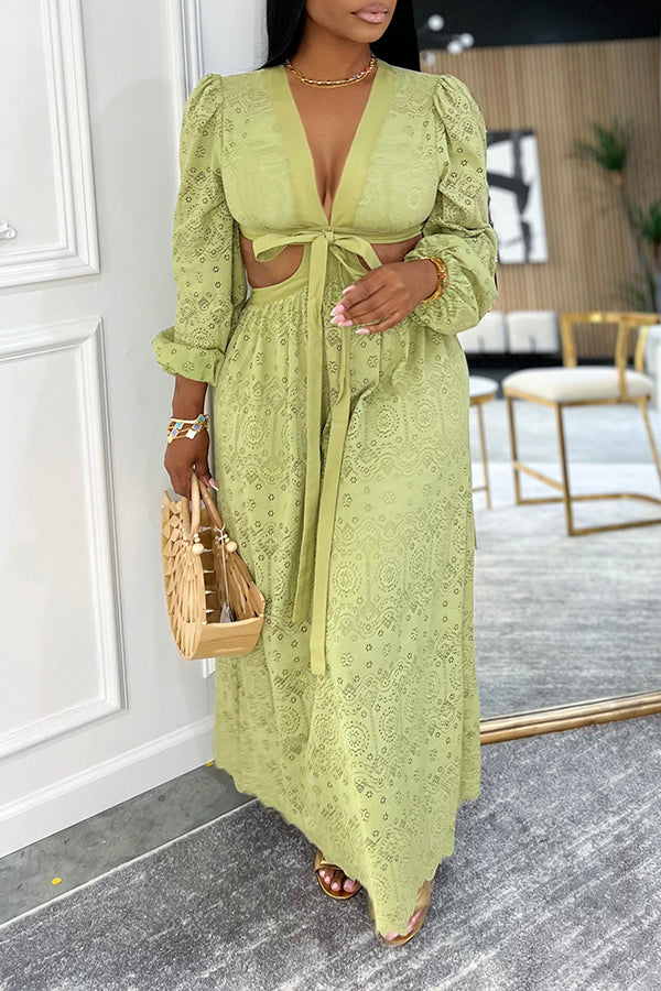 Vacation Lantern Sleeve Hollow Waist Maxi Dress