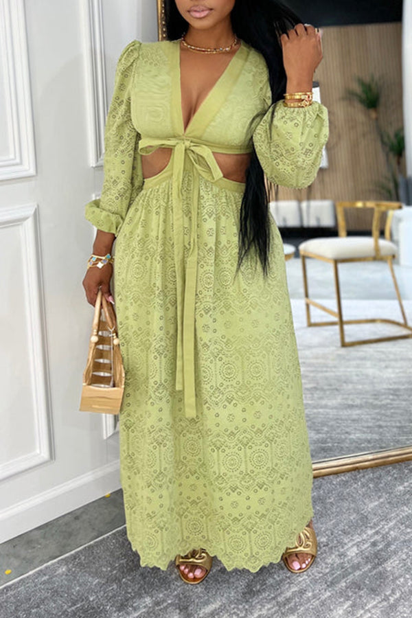 Vacation Lantern Sleeve Hollow Waist Maxi Dress