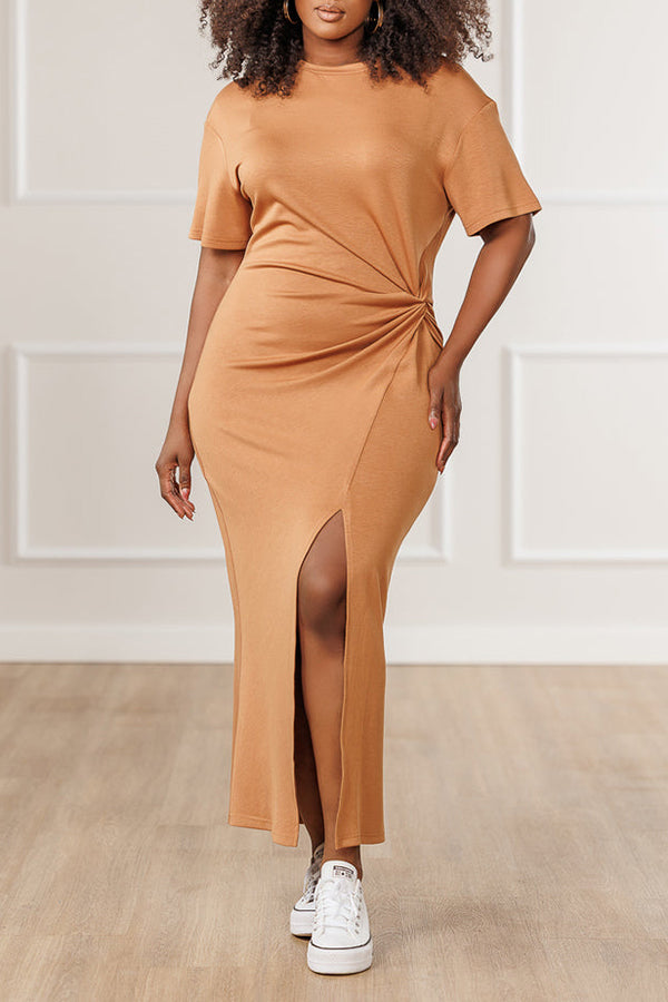 Casual Round Neck Twist Front Knit Midi Dress