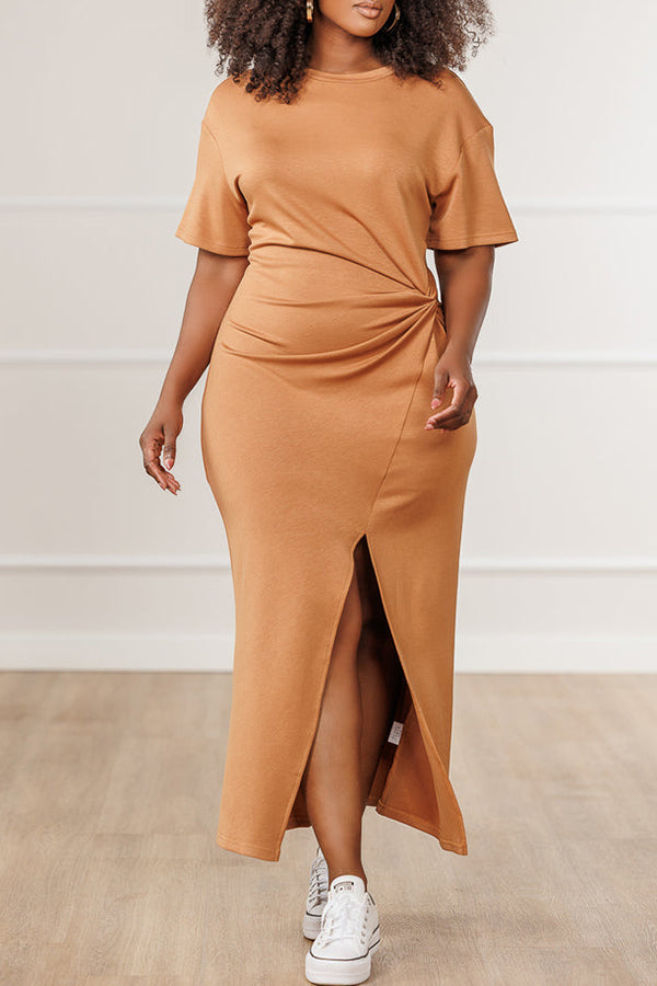Casual Round Neck Twist Front Knit Midi Dress