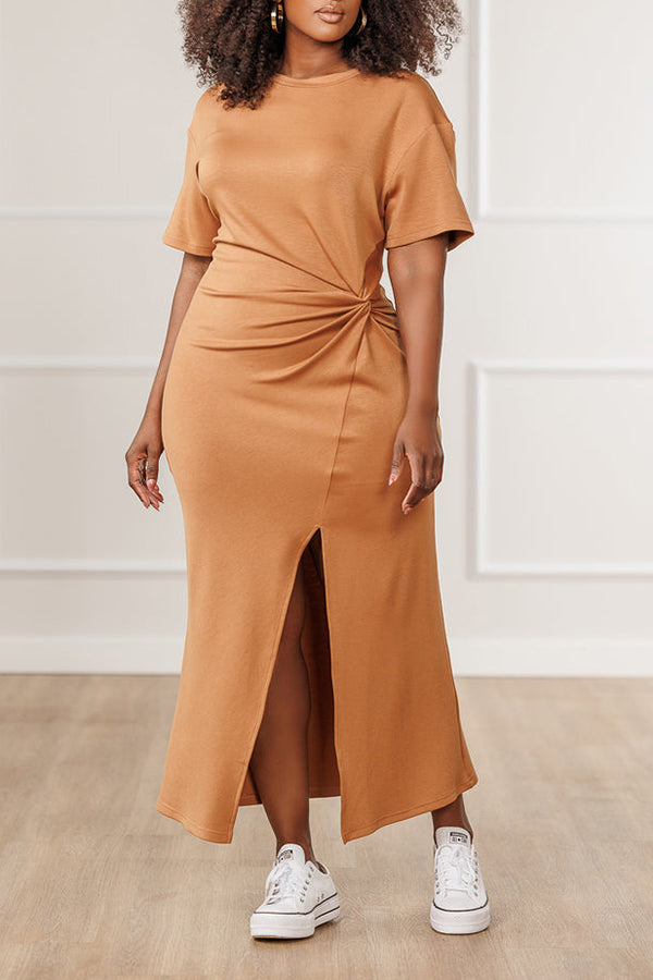 Casual Round Neck Twist Front Knit Midi Dress