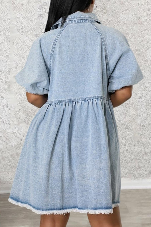 Casual Puff Sleeve Pleated Denim Mini Dress