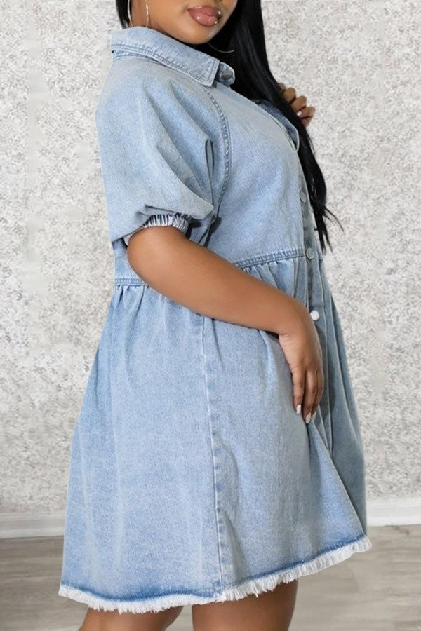 Casual Puff Sleeve Pleated Denim Mini Dress