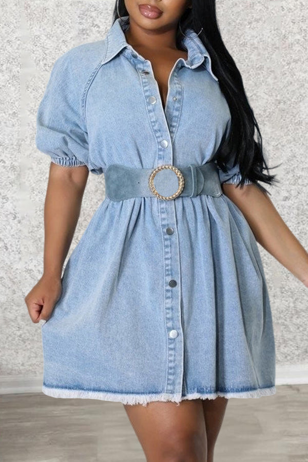 Casual Puff Sleeve Pleated Denim Mini Dress