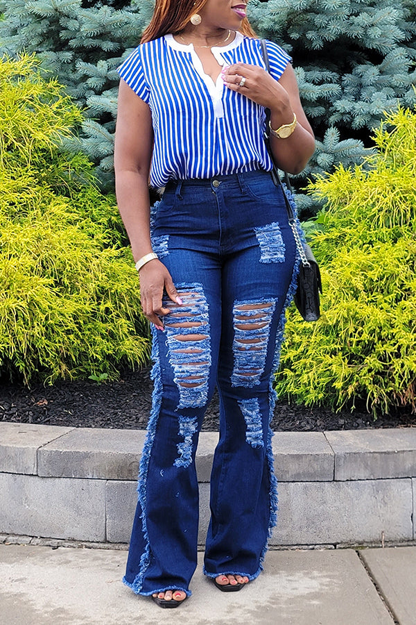 Unique Design Ripped Raw Trim Jeans