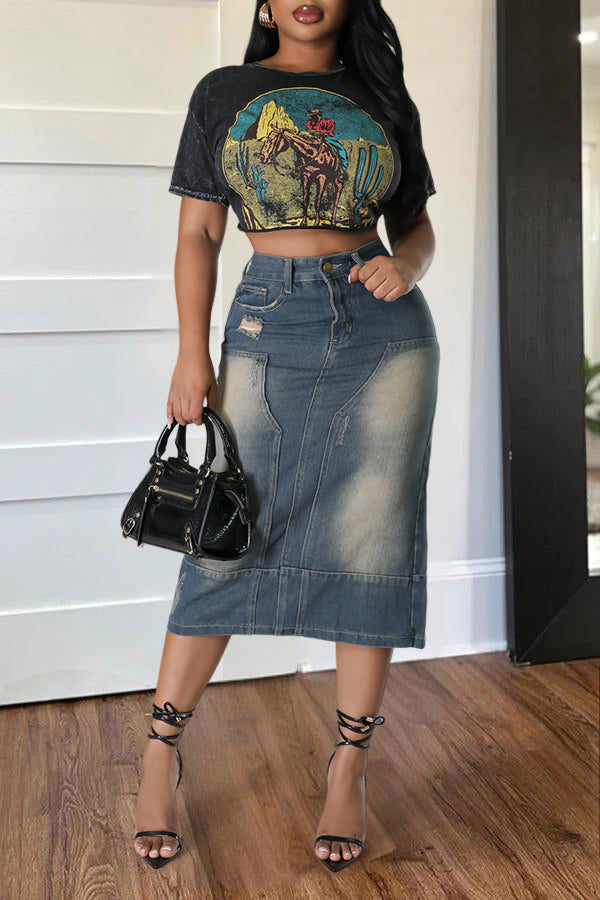 Casual Bleach Wash Split Hem Denim Long Skirt
