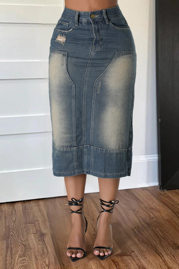 Casual Bleach Wash Split Hem Denim Long Skirt