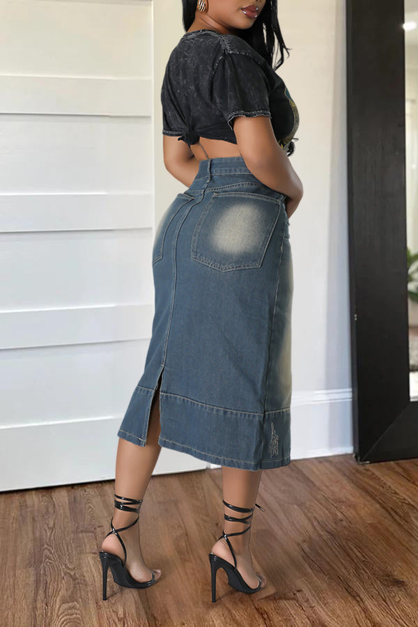 Casual Bleach Wash Split Hem Denim Long Skirt