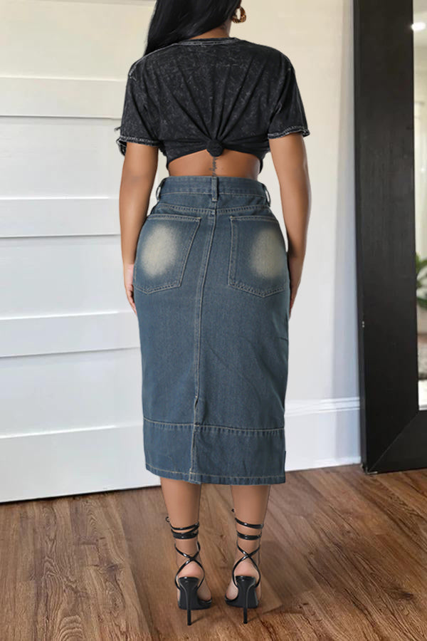 Casual Bleach Wash Split Hem Denim Long Skirt