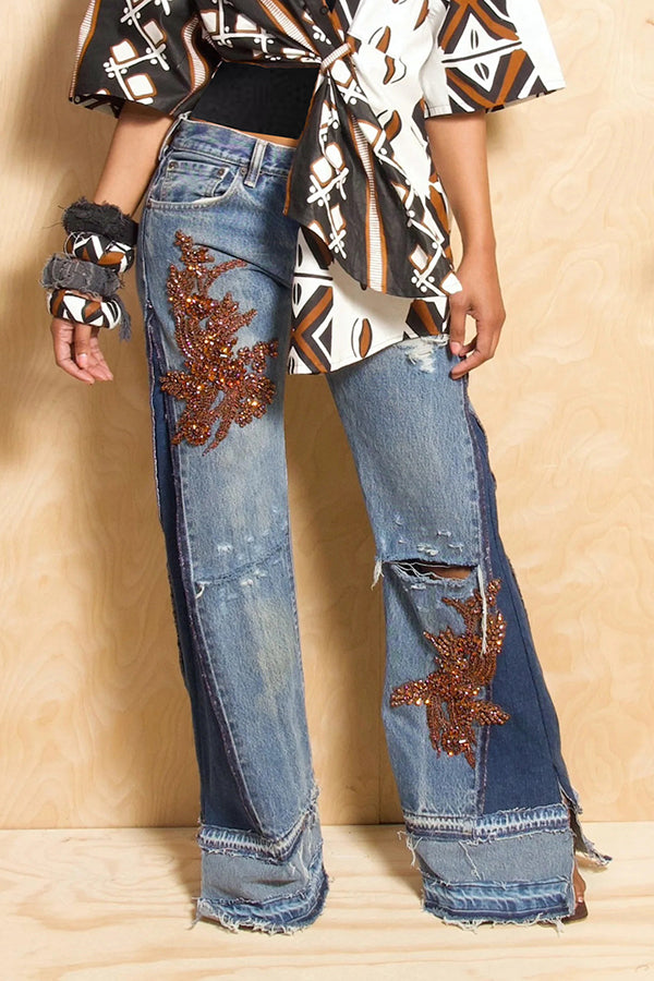 Unique Design Applique Colorblock Wide Leg Jeans