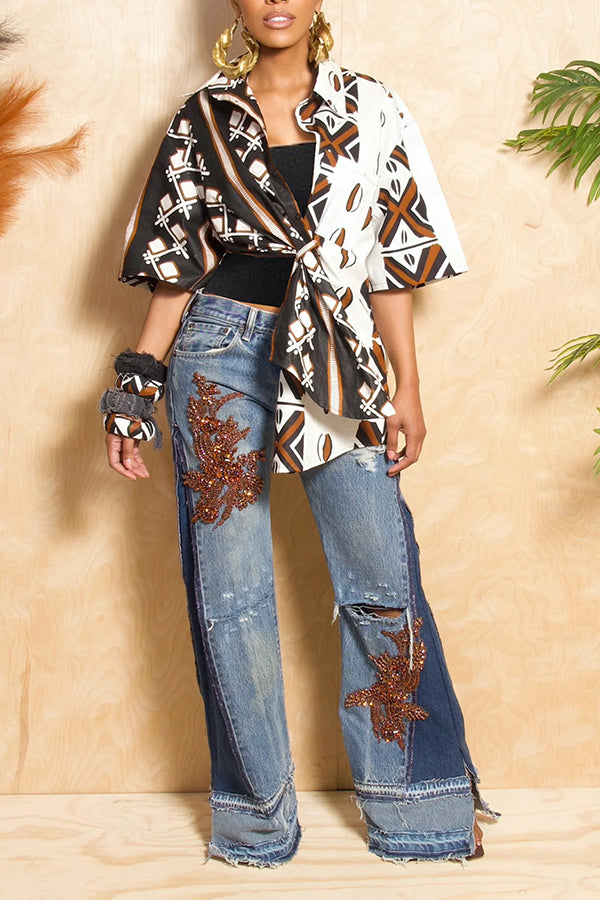 Unique Design Applique Colorblock Wide Leg Jeans