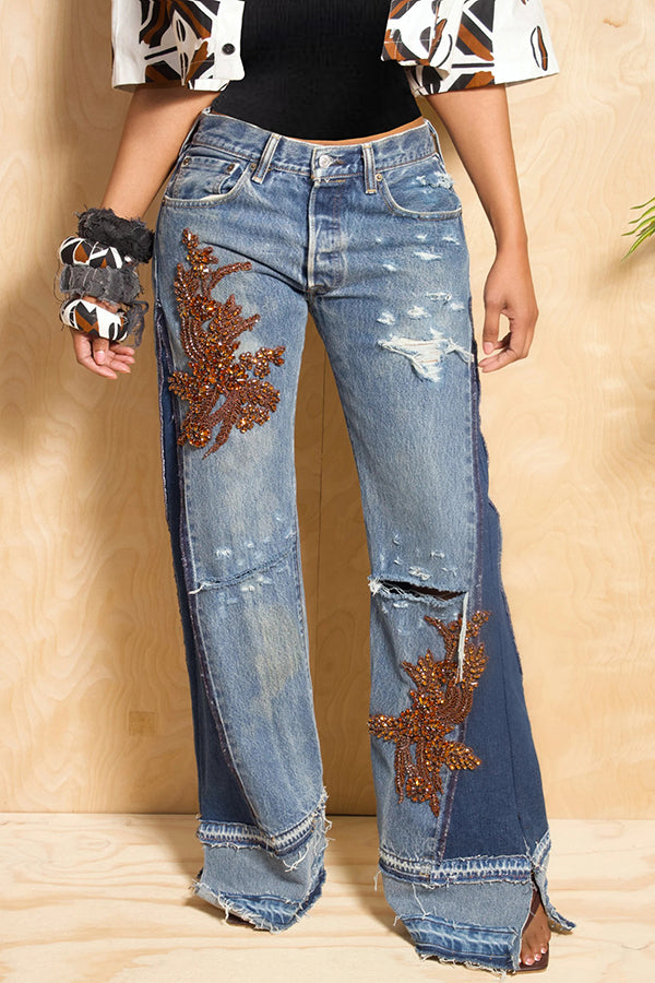 Unique Design Applique Colorblock Wide Leg Jeans