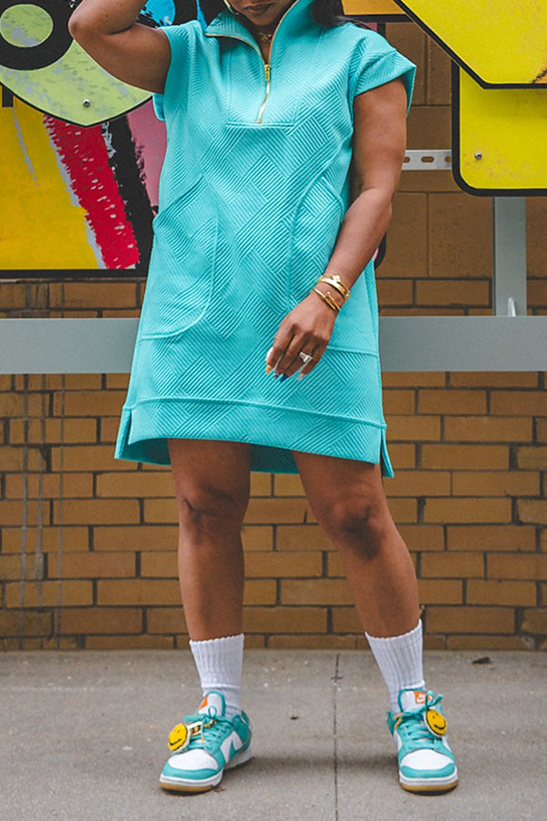 Casual Half Zip Textured Knit Mini Dress