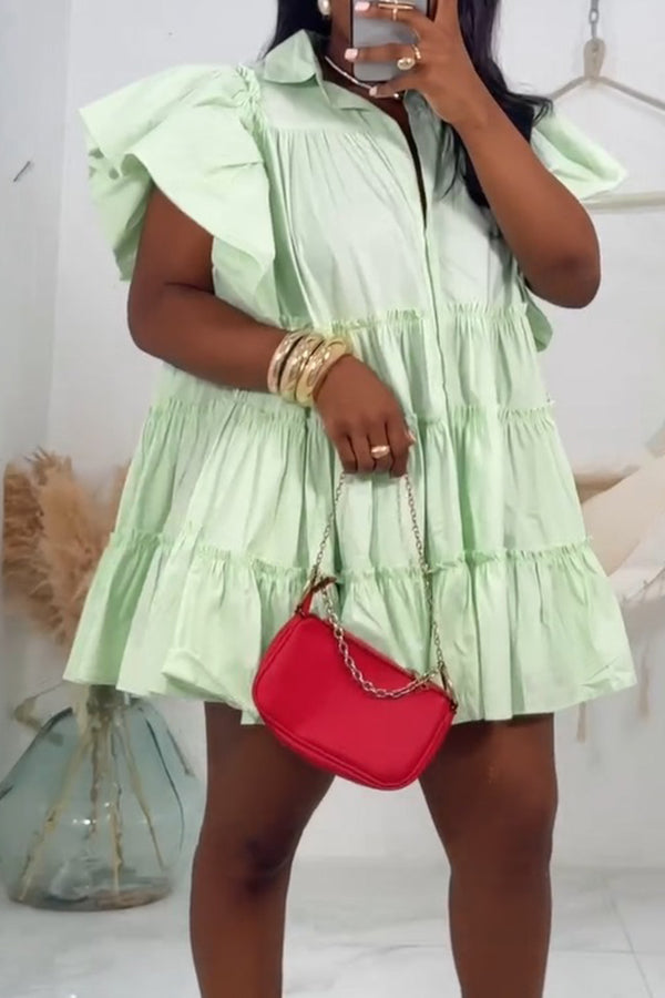 Casual Flutter Sleeve Ruffle Hem Mini Dress