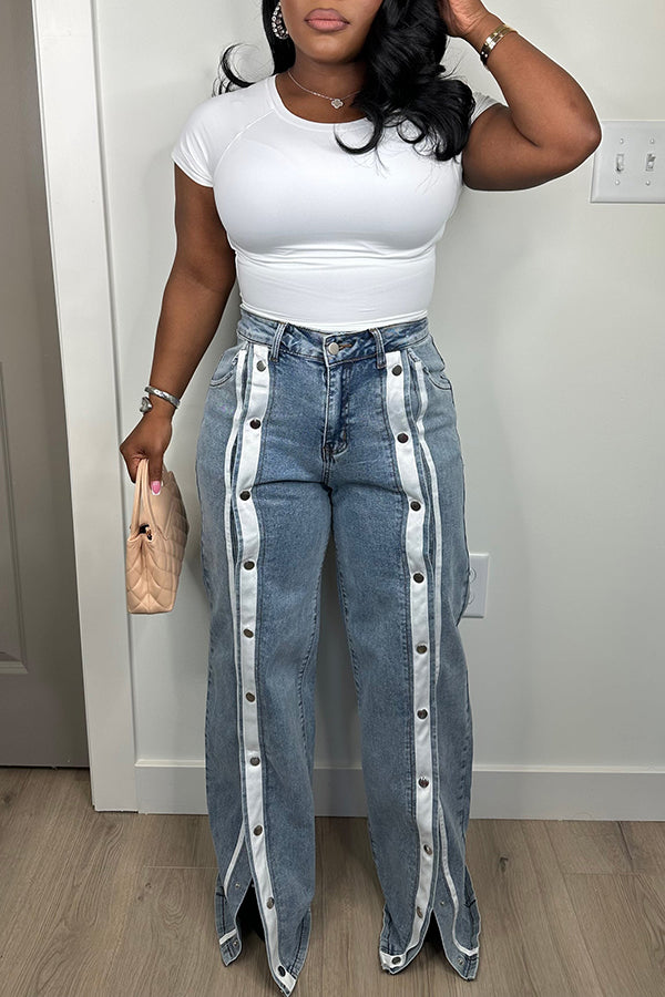 Unique Design Snap Button Wide Leg Jeans
