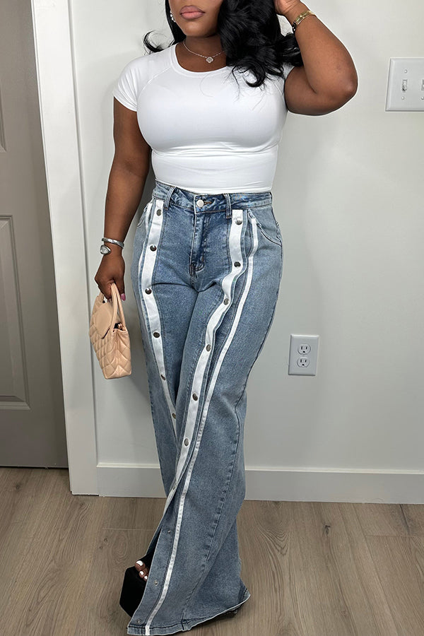 Unique Design Snap Button Wide Leg Jeans