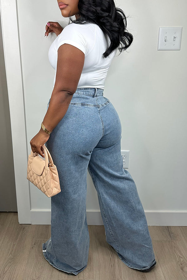 Unique Design Snap Button Wide Leg Jeans
