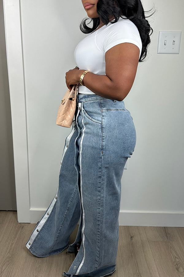 Unique Design Snap Button Wide Leg Jeans