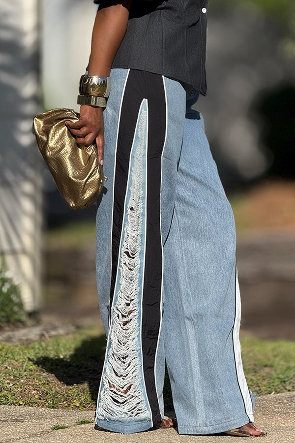 Casual Ripped Colorblock Acid Wash Jeans