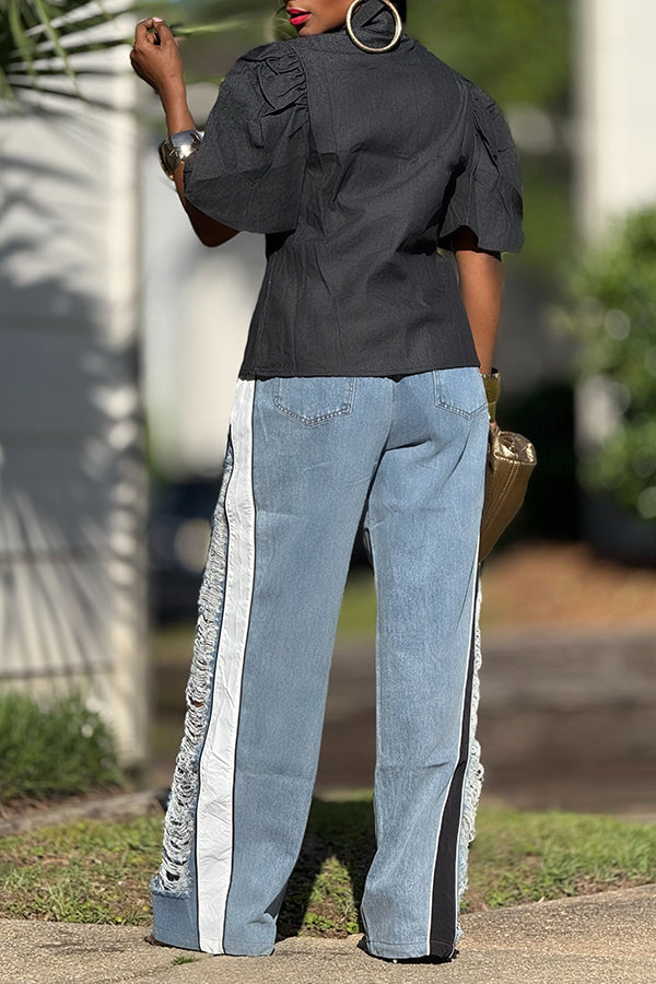 Casual Ripped Colorblock Acid Wash Jeans