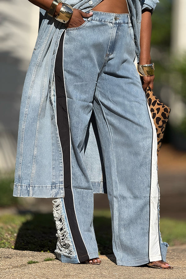 Casual Ripped Colorblock Acid Wash Jeans