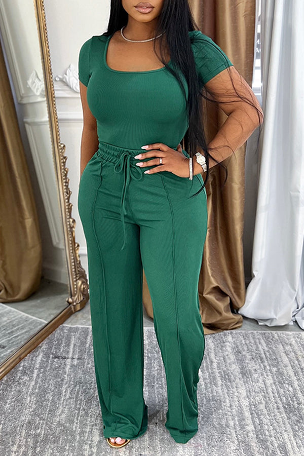 Casual Square Neck T-shirt & Drawstring Waist Pants Set