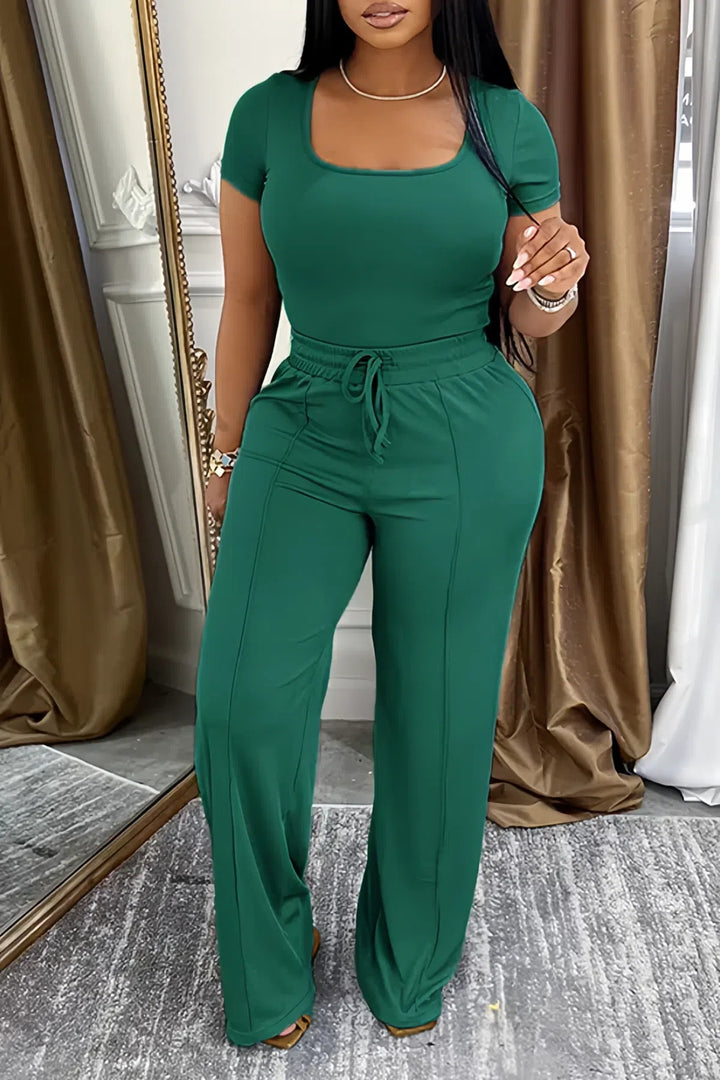 Casual Square Neck T-shirt & Drawstring Waist Pants Set