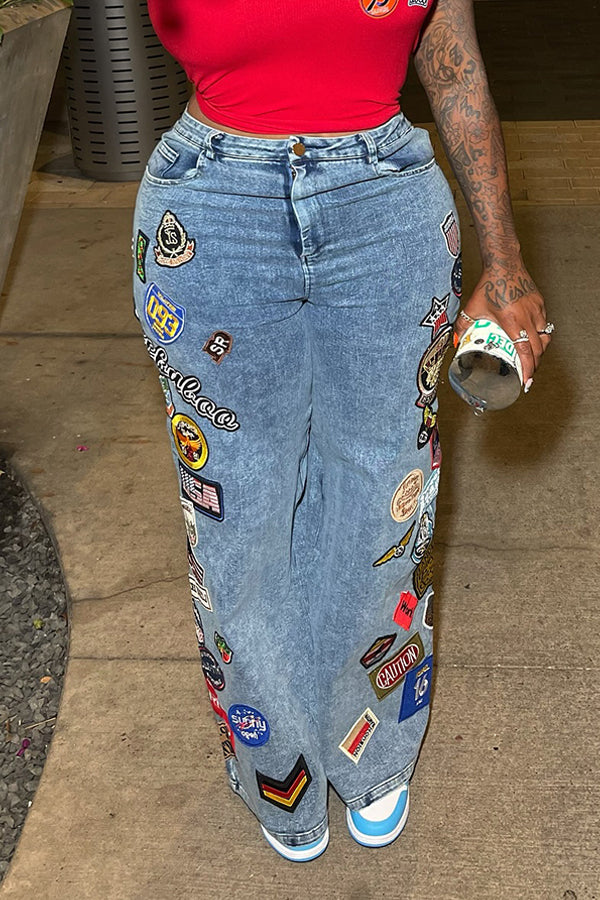 Casual Figure Graphic Wide Leg Jeans