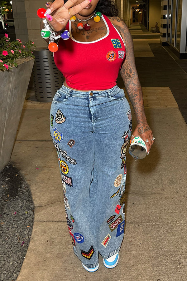 Casual Figure Graphic Wide Leg Jeans