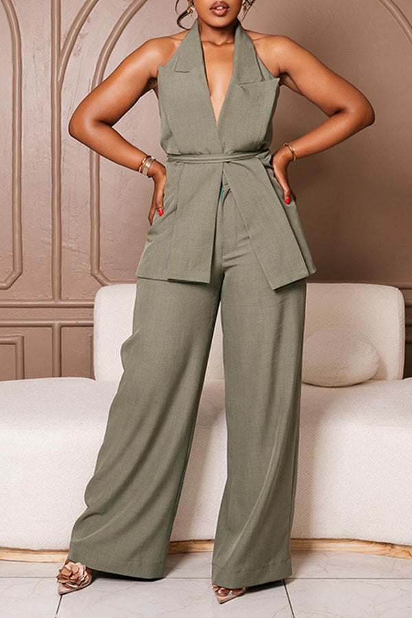 Chic Peak Collar Belted Gilet & Pants Set