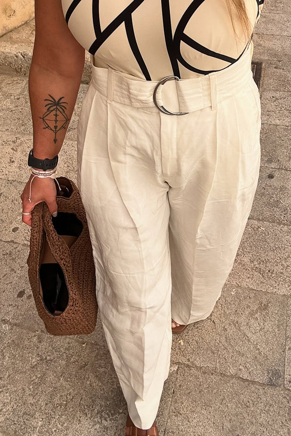 Chic Solid Self Belted Wide Leg Pants