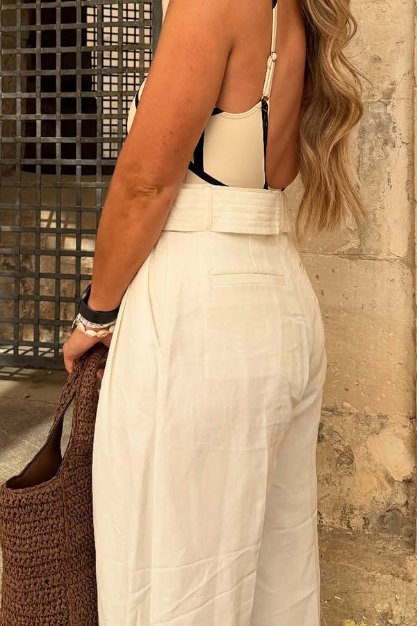 Chic Solid Self Belted Wide Leg Pants