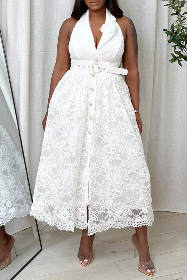 Elegant Lapel Neck Lace Halter Dress