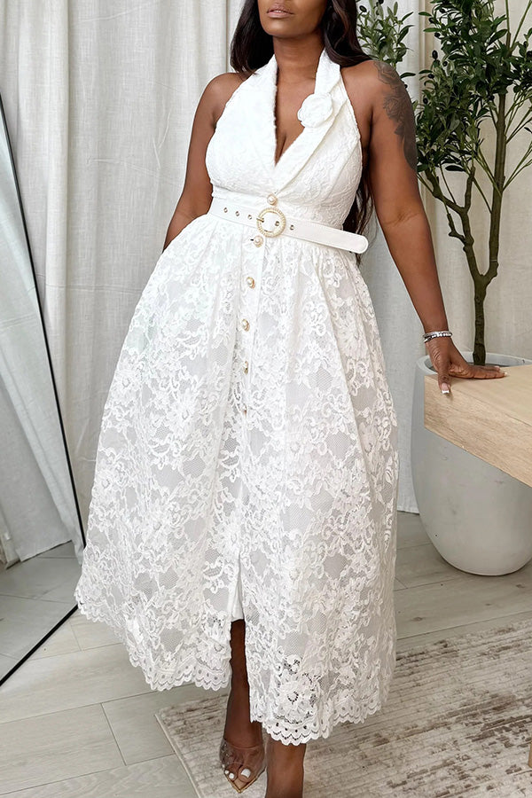 Elegant Lapel Neck Lace Halter Dress