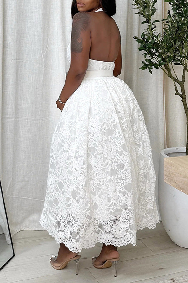Elegant Lapel Neck Lace Halter Dress