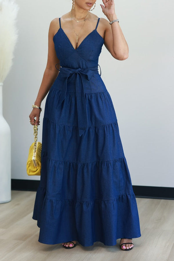 Vacation V-Neck Ruffle Hem Denim Maxi Dress
