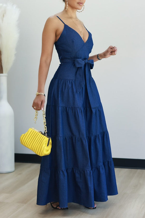 Vacation V-Neck Ruffle Hem Denim Maxi Dress