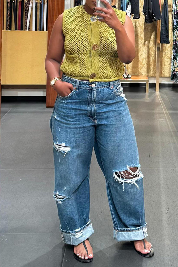 Casual Ripped Acid Wash Wide Leg Jeans